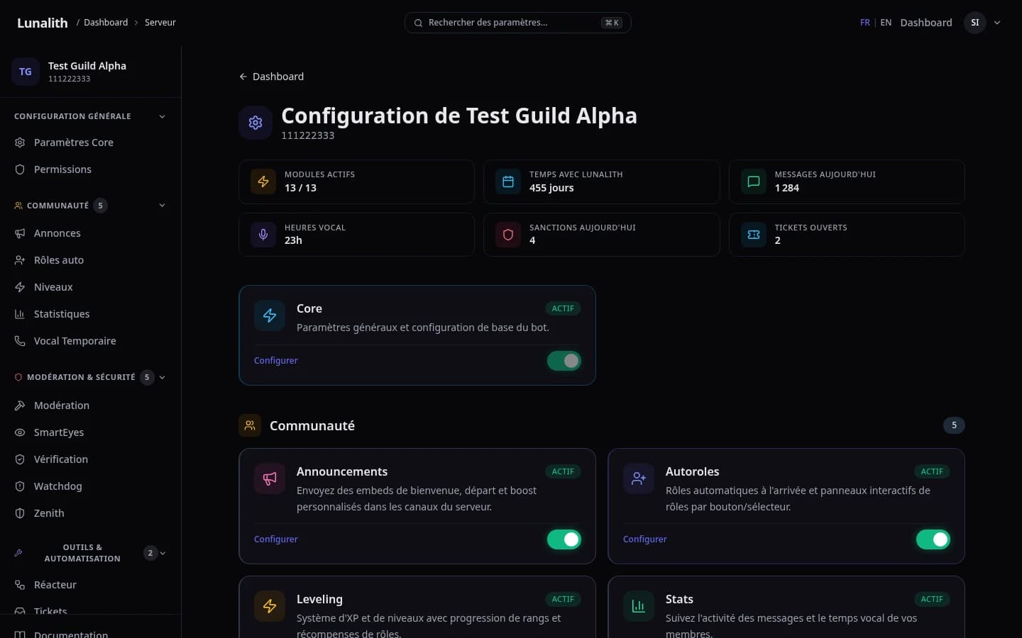 Vue d'ensemble du dashboard Lunalith avec cartes modules et statistiques du serveur